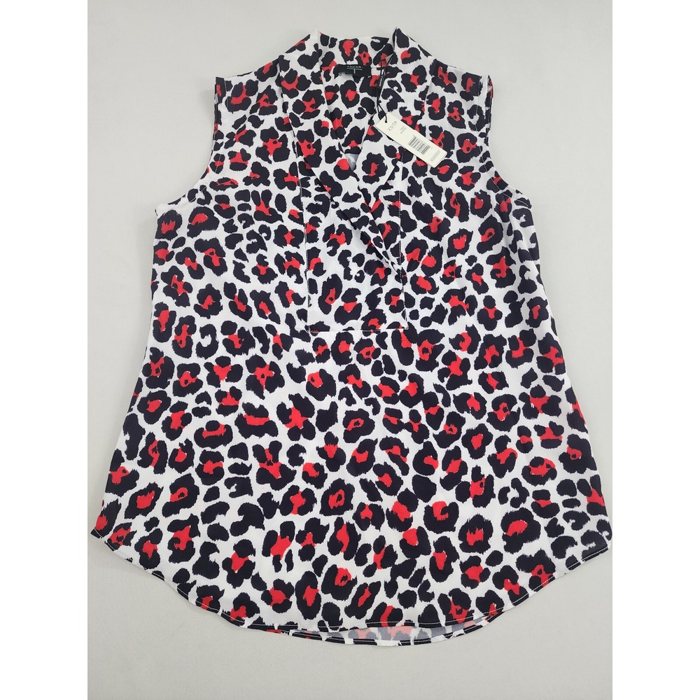 Tahari Womens XS Red Cheetah Print Sleeveless V-Neck Blouse Tunic THF95017 NEW